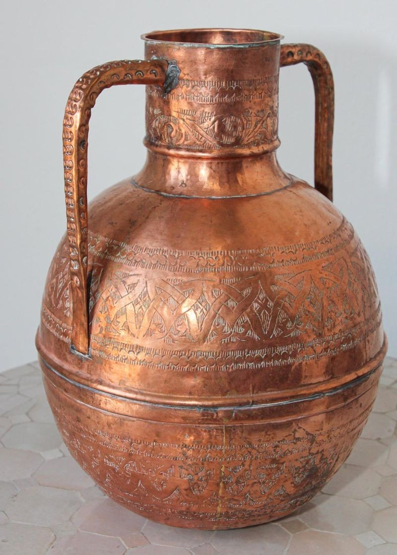 Middle Eastern Copper Islamic Art Vase Engraved with Moorish Design