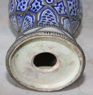 Antique Moroccan Ceramic Candlestick from Fez with Silver Filigree