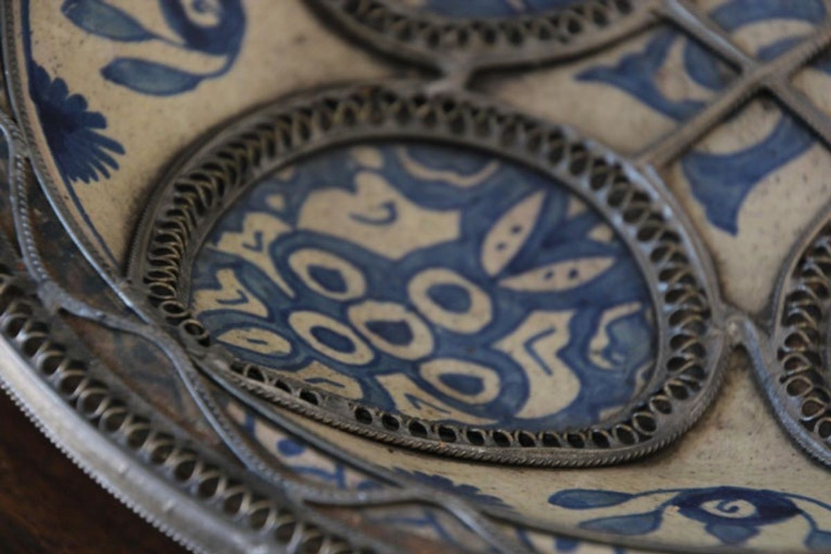 Moroccan Ceramic Blue Bowl Adorned with Silver Filigree from Fez Antique 1920s