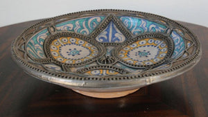 Antique Moroccan Ceramic Bowl Adorned with Moorish Silver Filigree from Fez