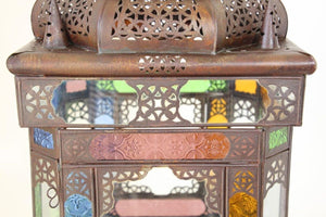 Moroccan Moorish Metal Lantern with Multicolor Glass
