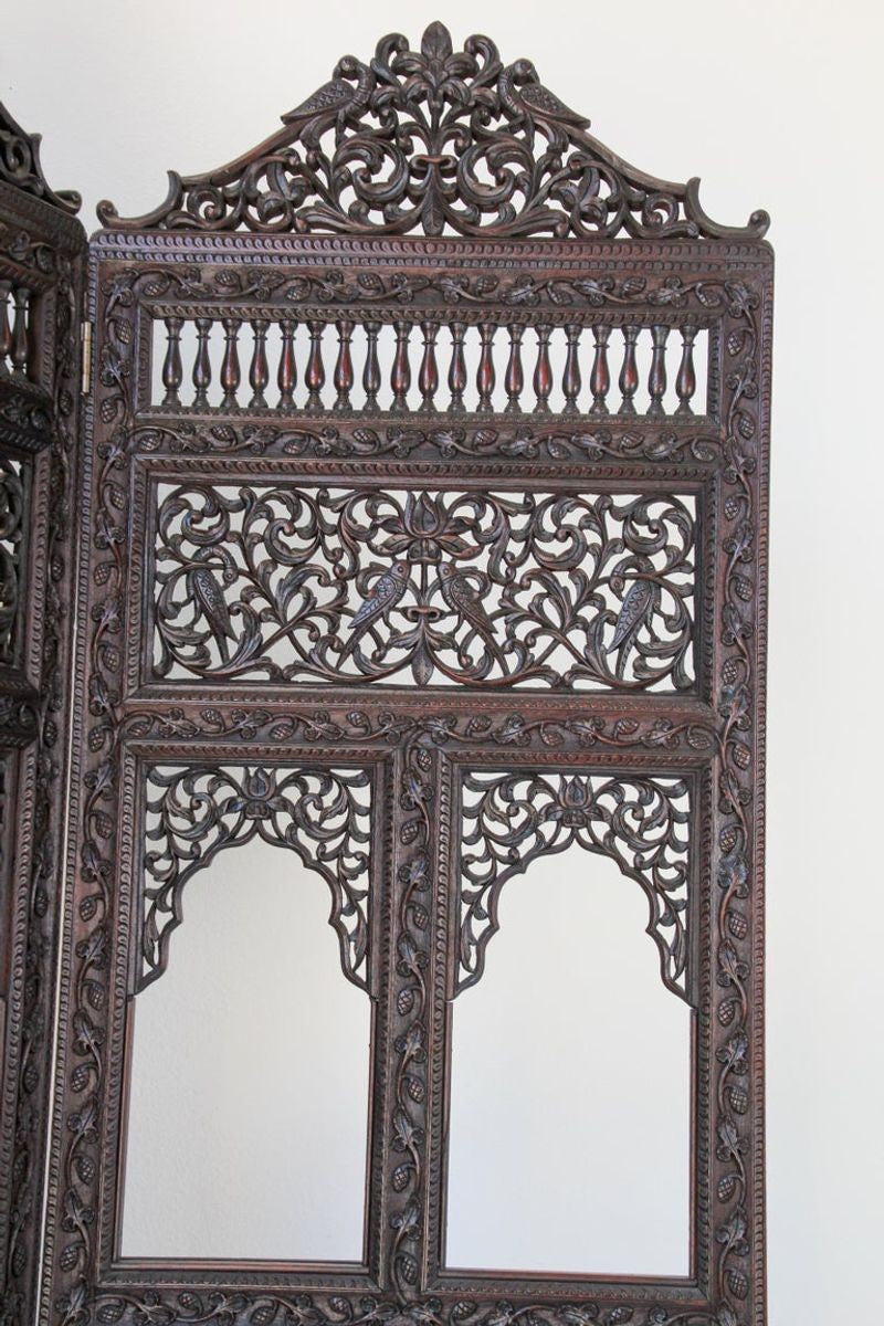19th Century Anglo-Indian Mughal Carved Hardwood Three-Panel Screen, circa 1880