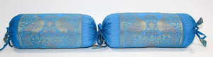 Bolster Pillows Turquoise Blue and Gold Colors with Peacock - A Pair