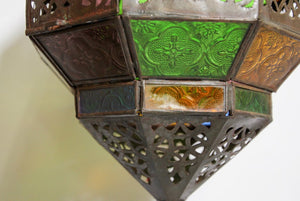 Handcrafted Moroccan Metal and Multi-Color Glass Lantern Octagonal Diamond Shape
