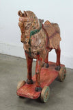Pair of Monumental Indian Polychrome Carved Wood Horses on Wheels, 19th C.
