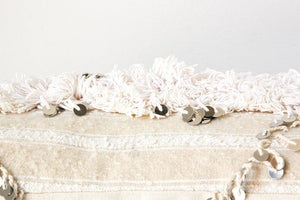 Vintage Moroccan White Pillow with Silver Sequins and Long Fringes