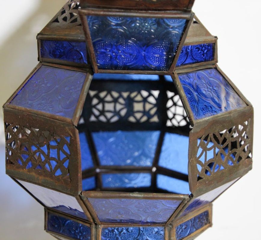 Handcrafted Moroccan Blue Glass Lantern Metal Octagonal Diamond Shape