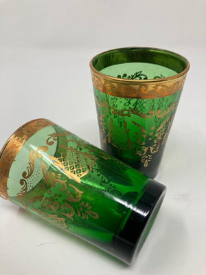 Set of Six Handblown Moorish Green and Gold Tea Glasses
