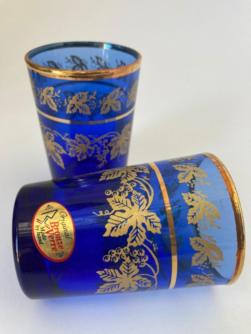 Set of Six Handblown Moorish Blue and Gold Glasses