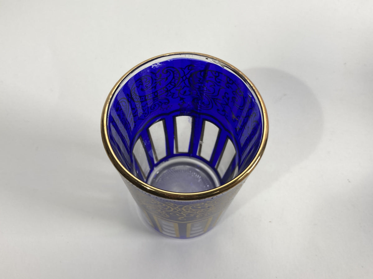Moroccan Royal Blue Shot Glasses Set of Six, Gold Moorish Design, 1980