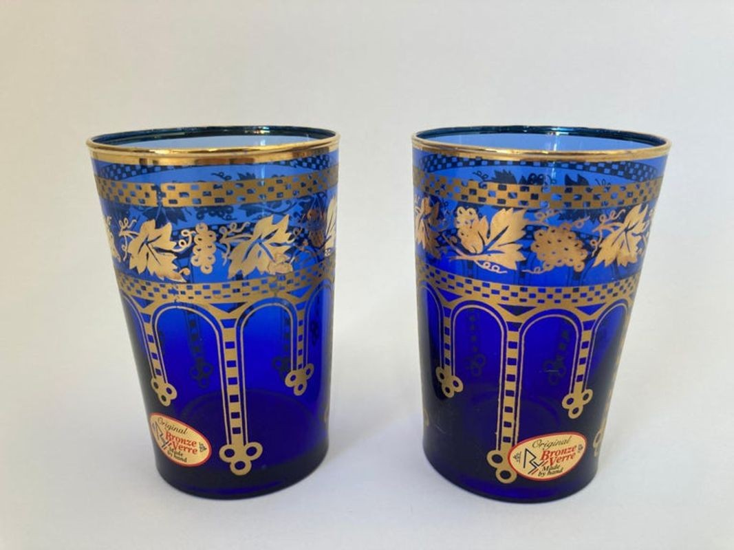 Moorish Blue and Gold Crystal Barware Italian Drinking Glasses Set of 4