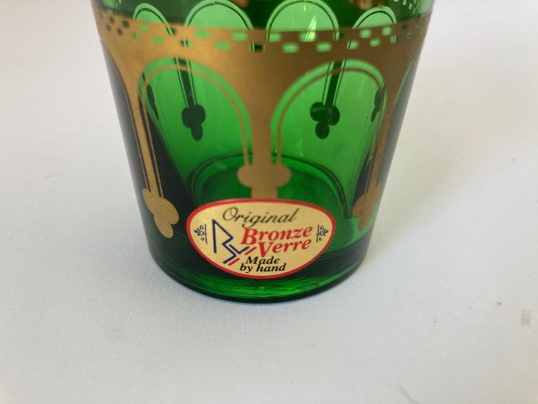 Set of Six Handblown Moroccan Green and Gold Glasses