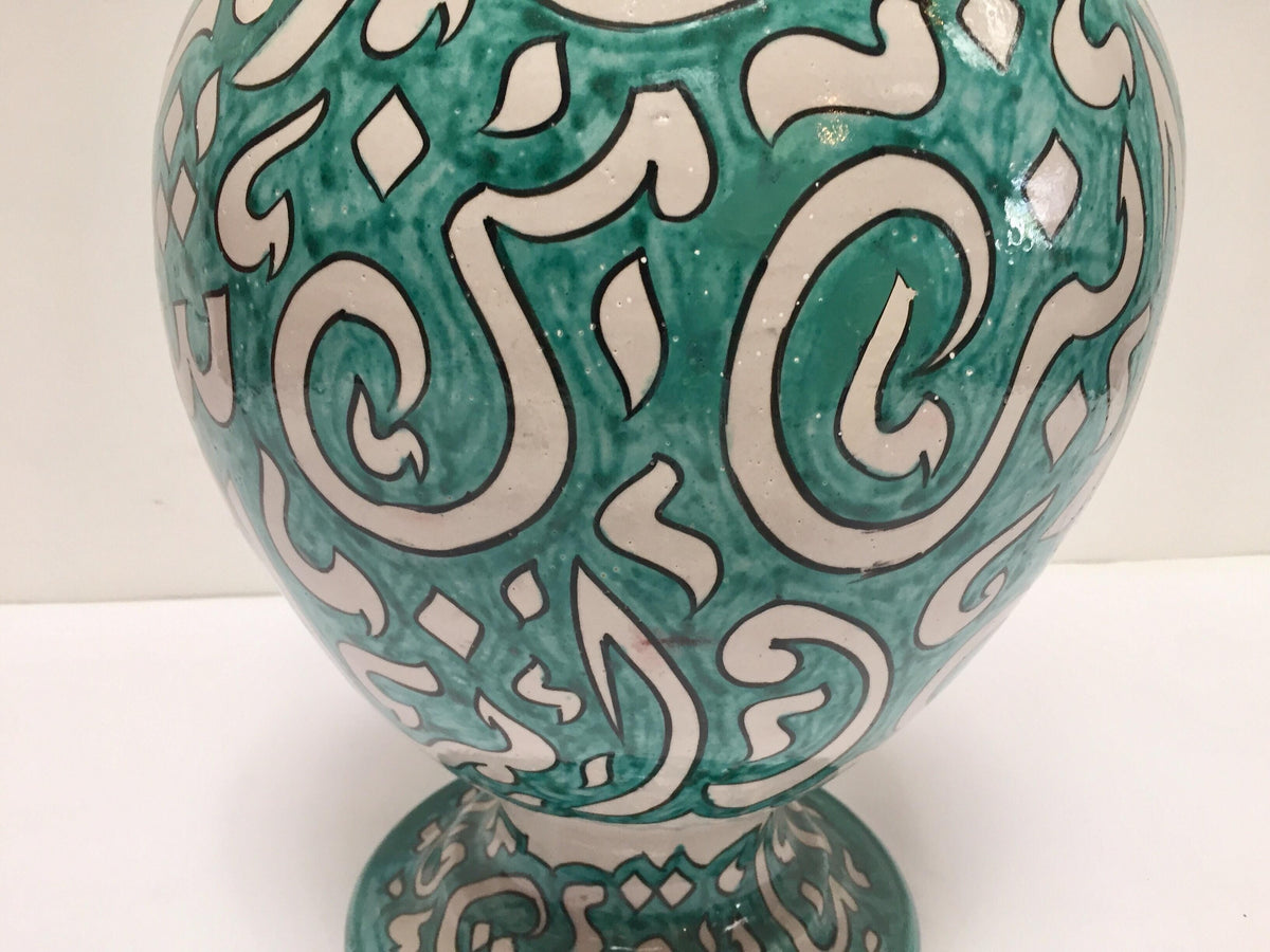 Large Moroccan Glazed Ceramic Vase with Arabic Calligraphy Turquoise Writing Fez