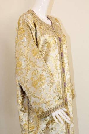 Moroccan Vintage Caftan in Gold Metallic Brocade, Maxi Gown Dress Kaftan