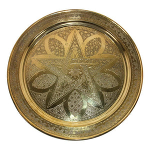 Antique Moroccan Brass Tray Star Etched Collectible Polished Platter 22.5 in. D.