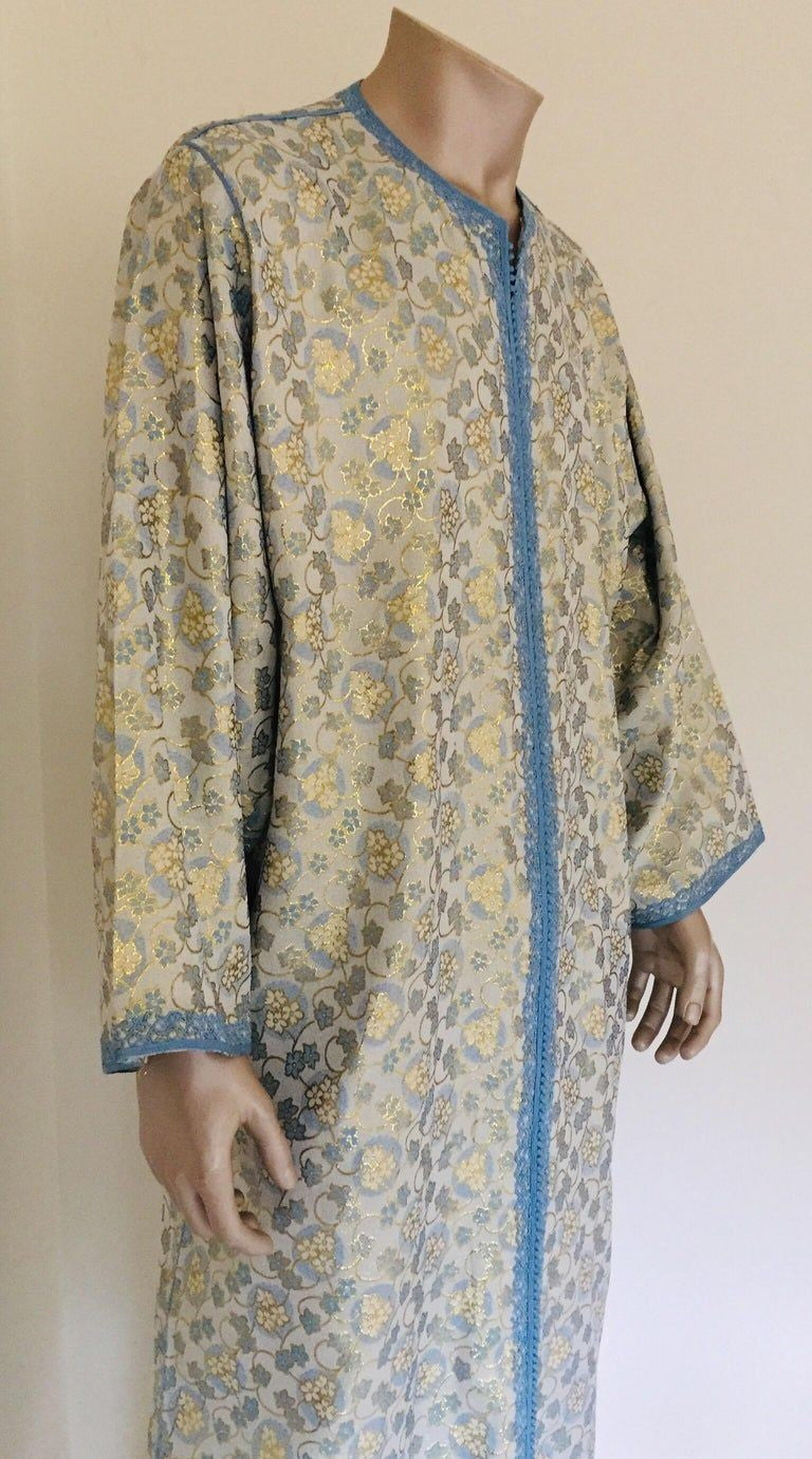 Metallic Blue and Silver Brocade 1970s Maxi Dress Caftan, Evening Gown Kaftan