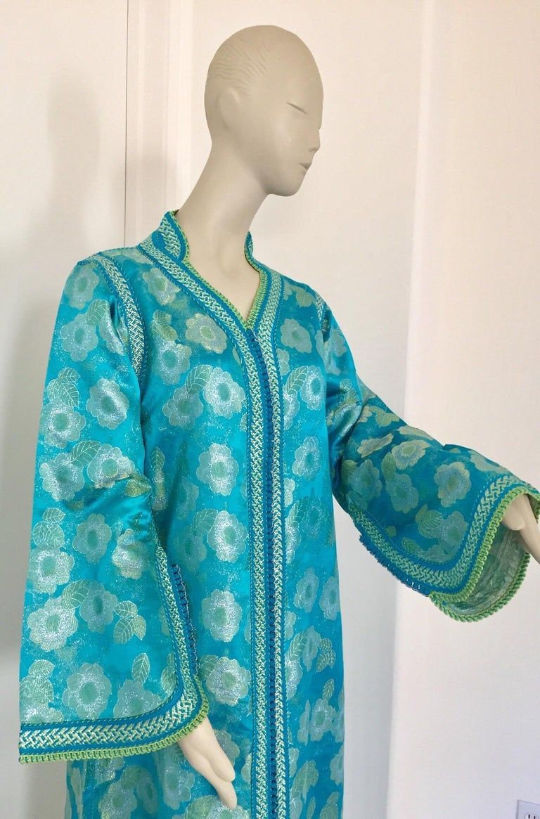 Moroccan Kaftan in Turquoise and Gold Floral Brocade Metallic Lame