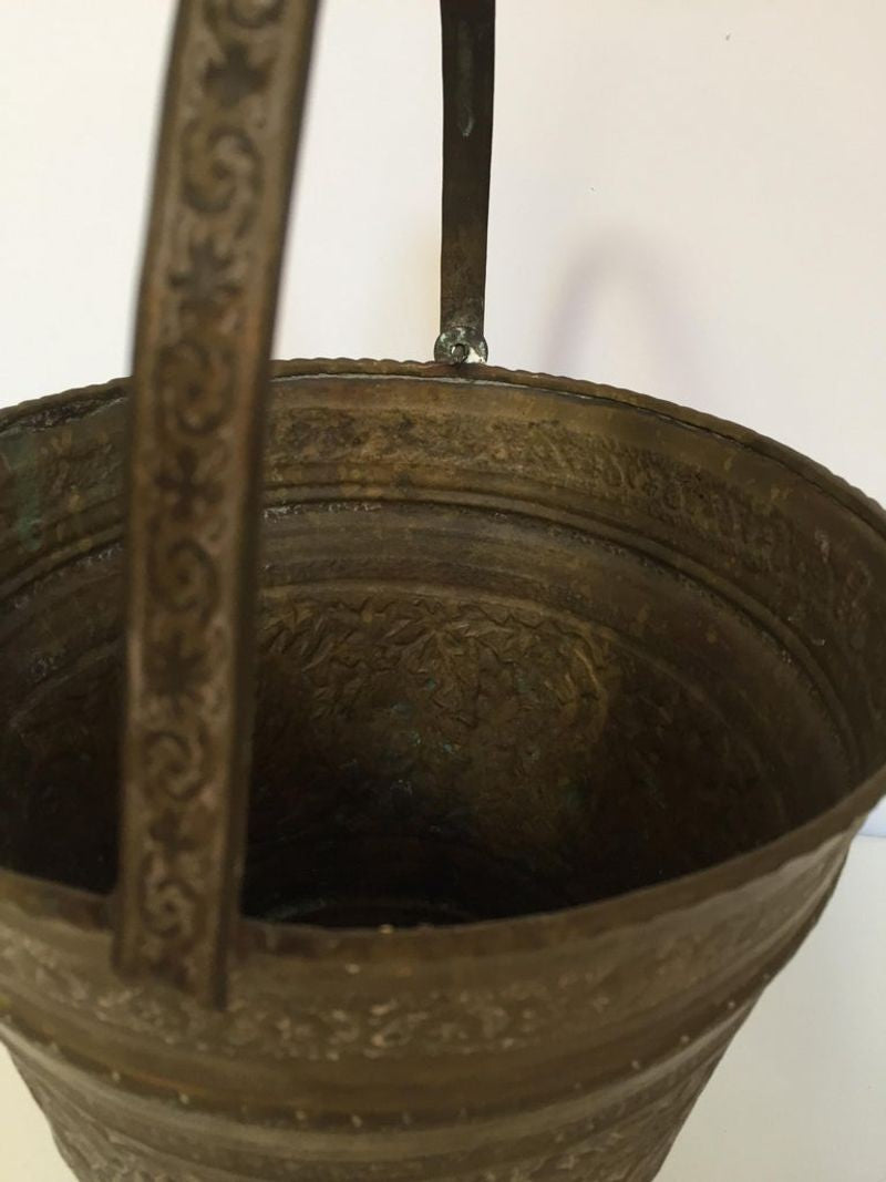 Handcrafted Copper Vessel Bucket with Floral Design, India