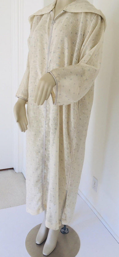 1970 Moroccan Hooded Caftan White and Blue Linen Djellabah Kaftan