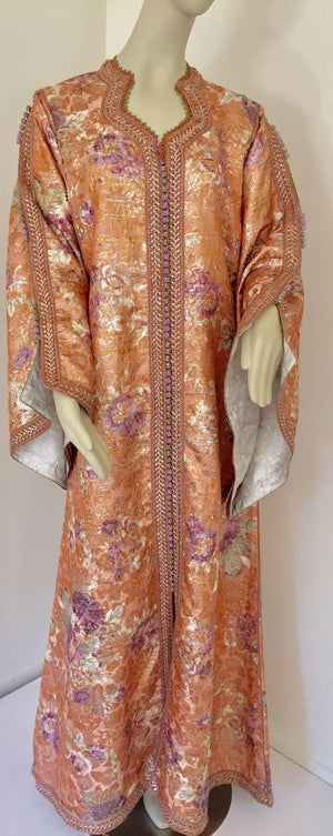 Moroccan Kaftan Orange and Purple Floral with Gold Embroidered Maxi Dress Caftan