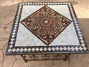 Moroccan Mosaic Tile Side table on Iron Base, Brown and White