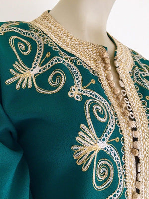 Vintage Moroccan Caftan Emerald Green Maxi Dress, circa 1970 Size M