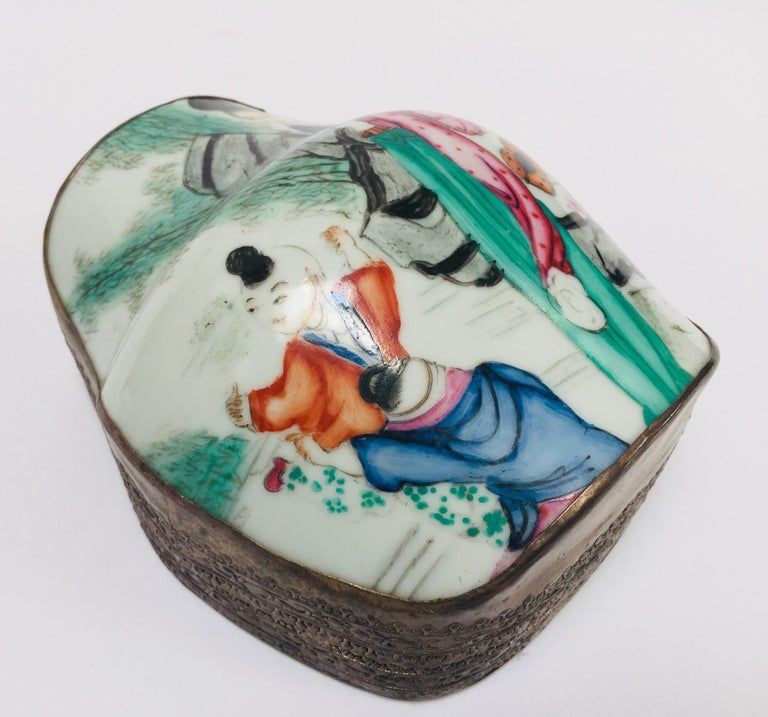 Vintage Trinket Metal Box with Porcelain Top Hand Painted Asian Scene