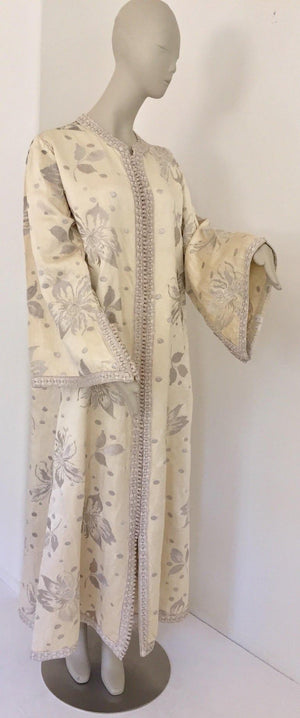 1960's Vintage Moroccan Caftan with Silver Metallic Floral Silk Brocade