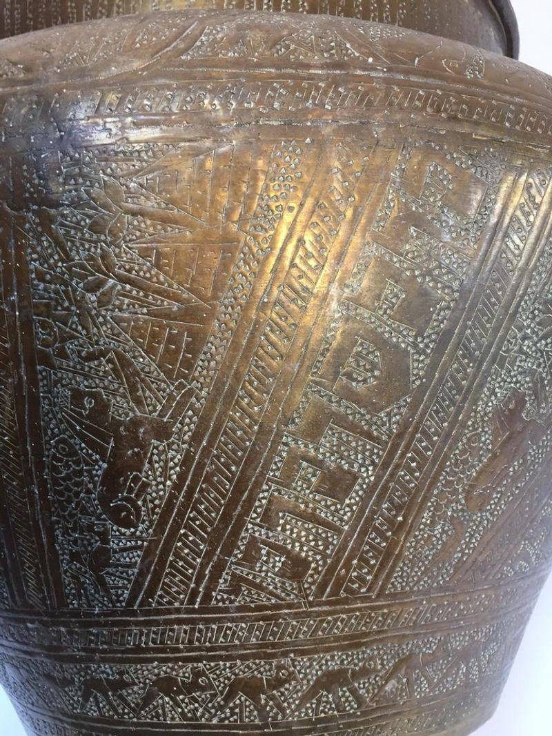 Middle Eastern Egyptian Hebraique Revival Hand Etched Brass Pot Jardiniere