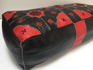 Vintage Moroccan Leather Rectangular Pouf in Red and Black