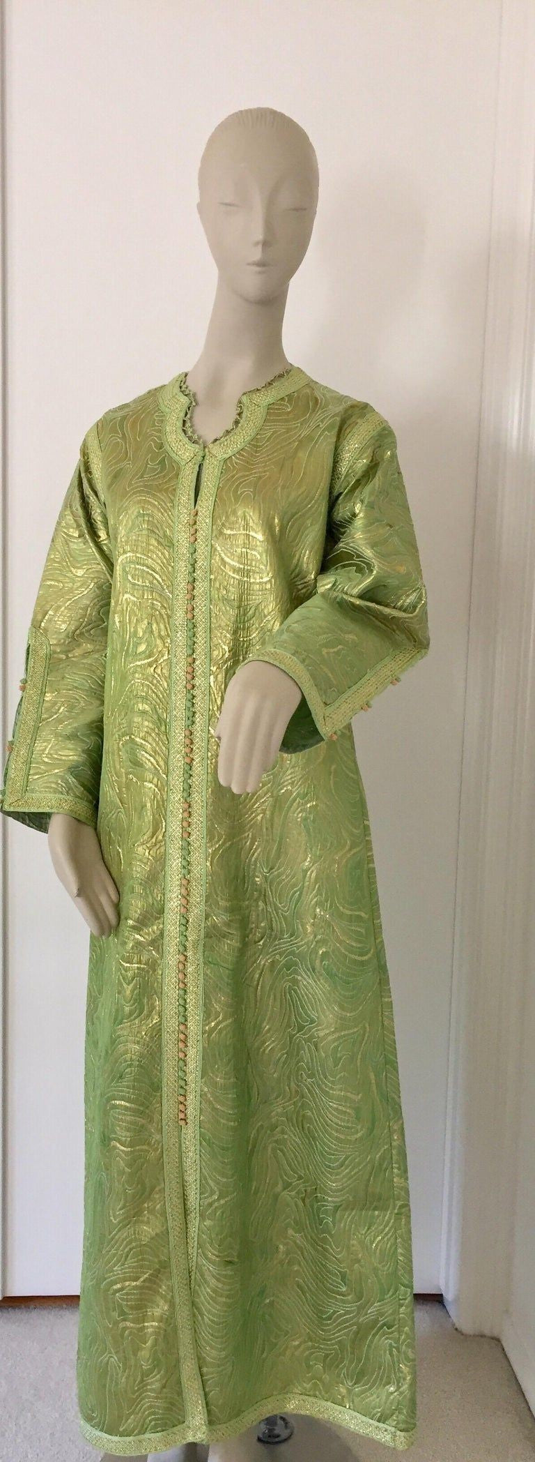 Moroccan Kaftan in Green and Gold Brocade Metallic Lame