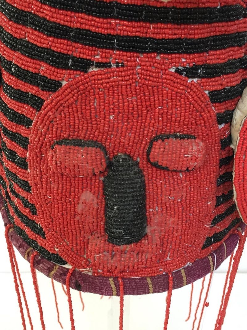 Yoruba Nigeria African Red Royal Beaded Headdress Crown on Lucite Stand