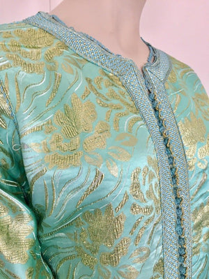 Moroccan Kaftan in Aqua and Gold Floral Brocade Metallic Lame