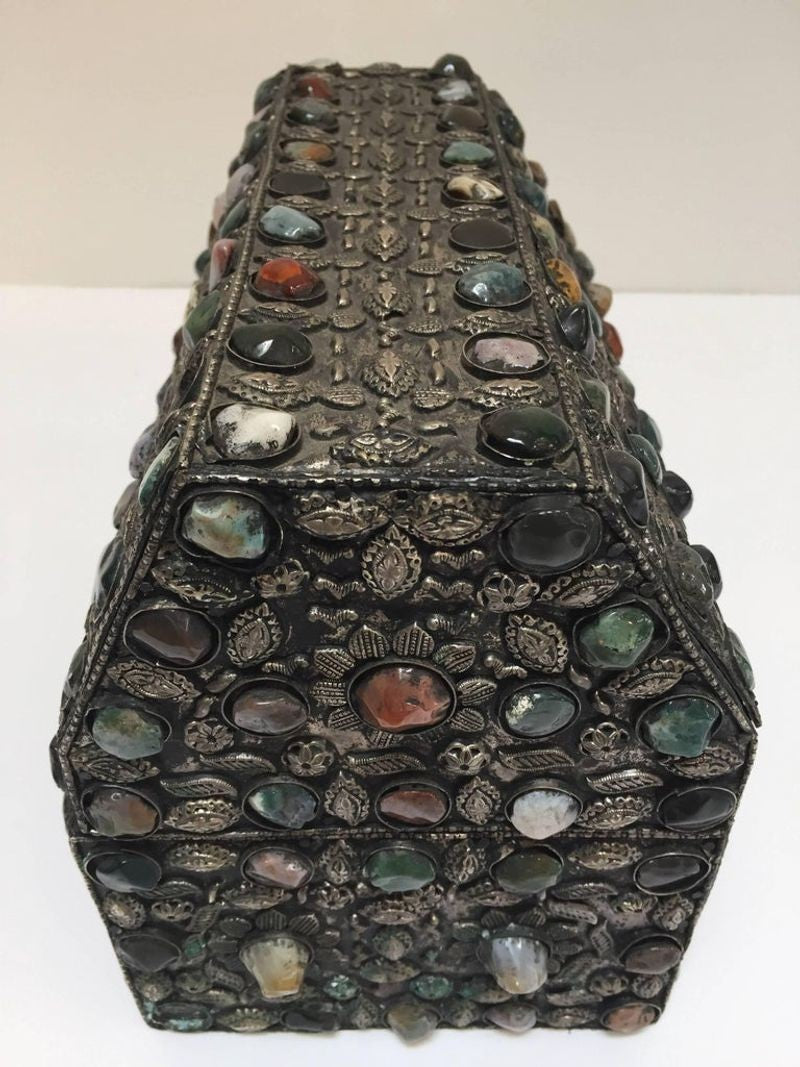 Large Moroccan Wedding Silvered Jewelry Box Inlaid with Semi-Precious Stones