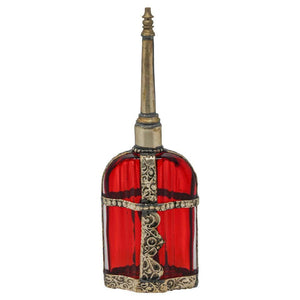 Moroccan Red Glass Perfume Bottle Sprinkler with Embossed Metal Overlay