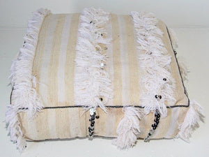 Moroccan White Floor Pillow with Silver Sequins and Long Fringes