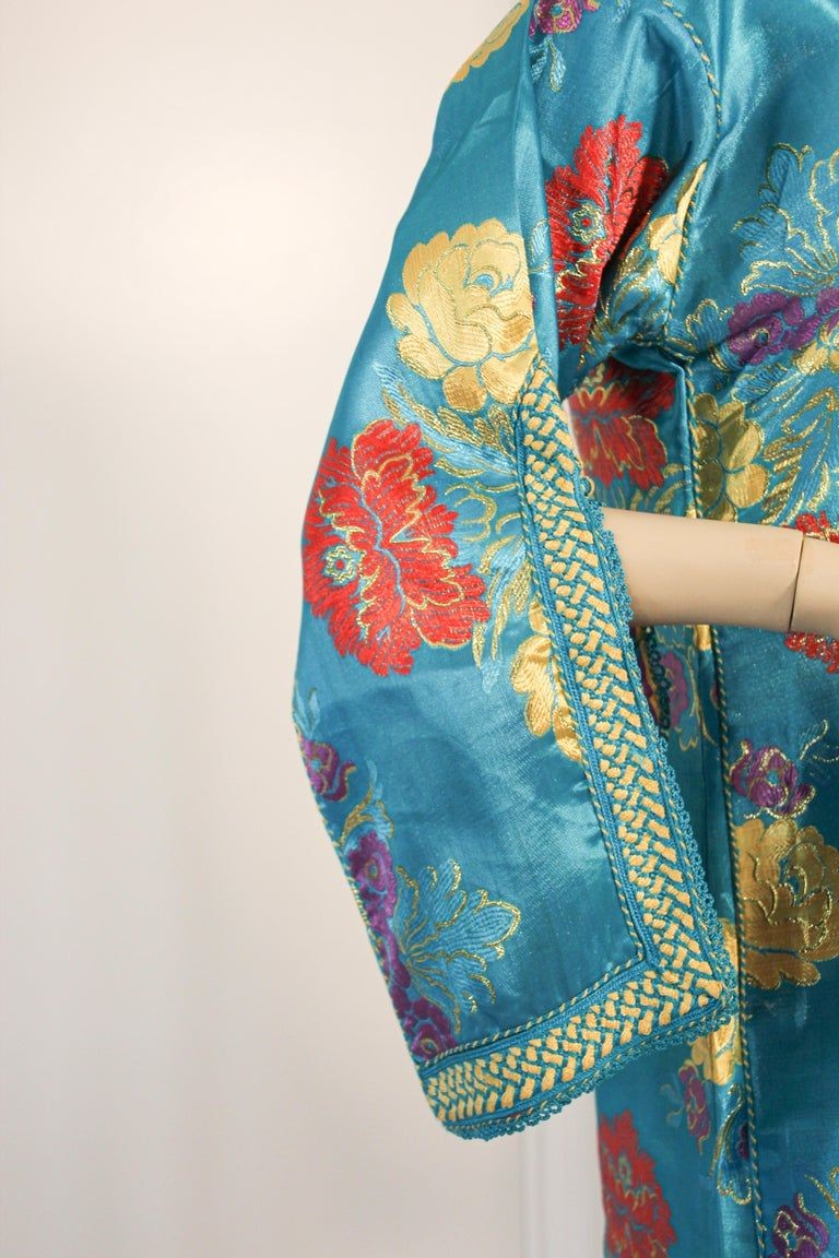 Elegant Moroccan Caftan in Blue Metallic Floral Brocade