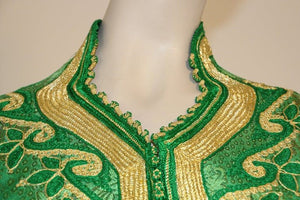 Elegant Moroccan Caftan Emerald Green and Gold Metallic Brocade