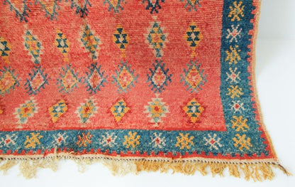 1960s Moroccan Berber Rug, Coral and Teal Geometric Wool, 4'10" × 9'10"