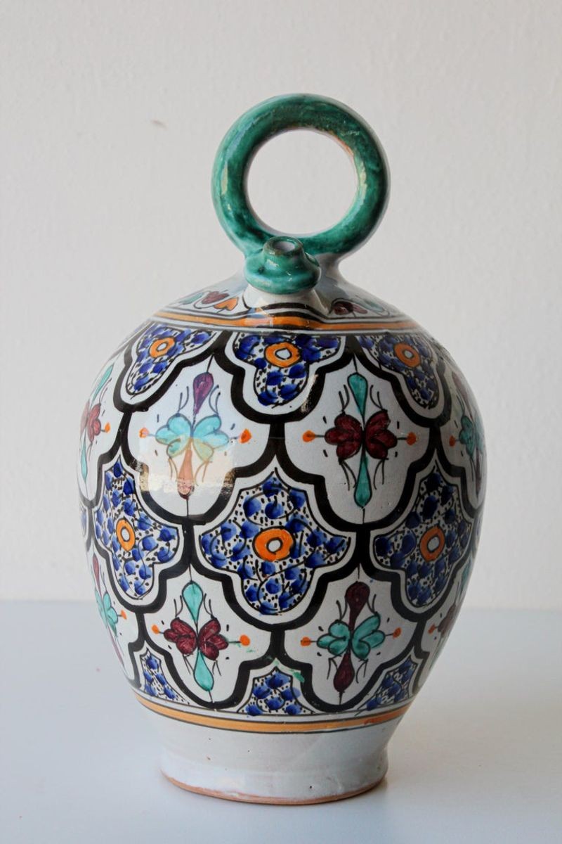 Moorish Ceramic Glazed Water Jug Handcrafted in Fez Morocco