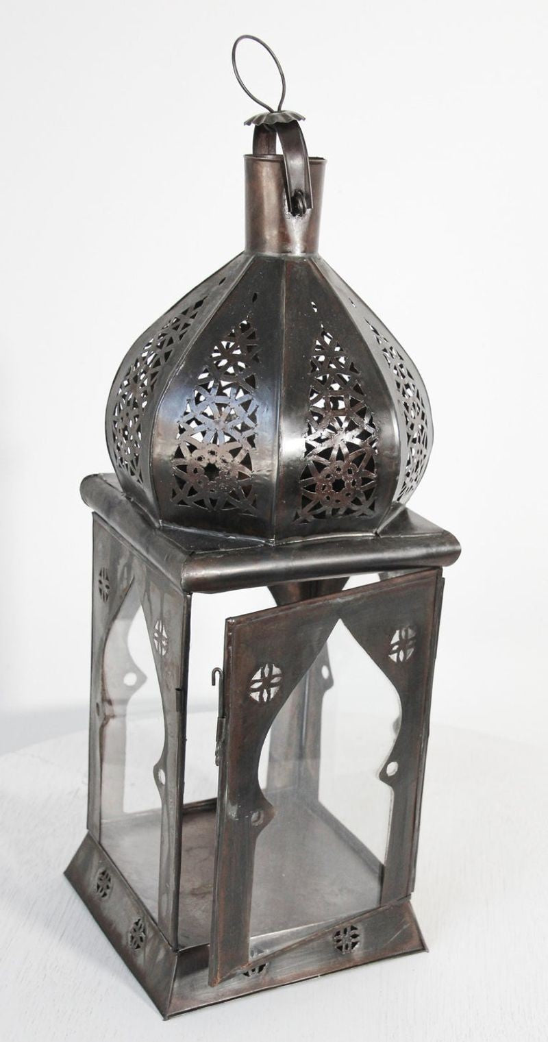 Moroccan Moorish Square Tole and Clear Glass Candle Lantern