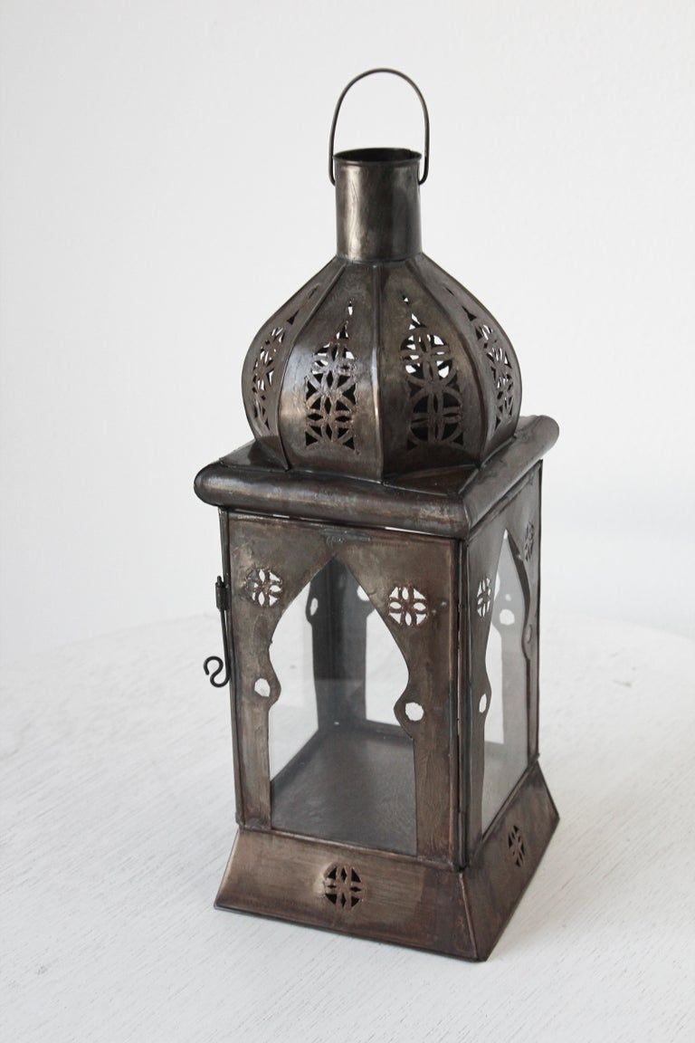 Moroccan Square Tole and Clear Glass Candle Lantern