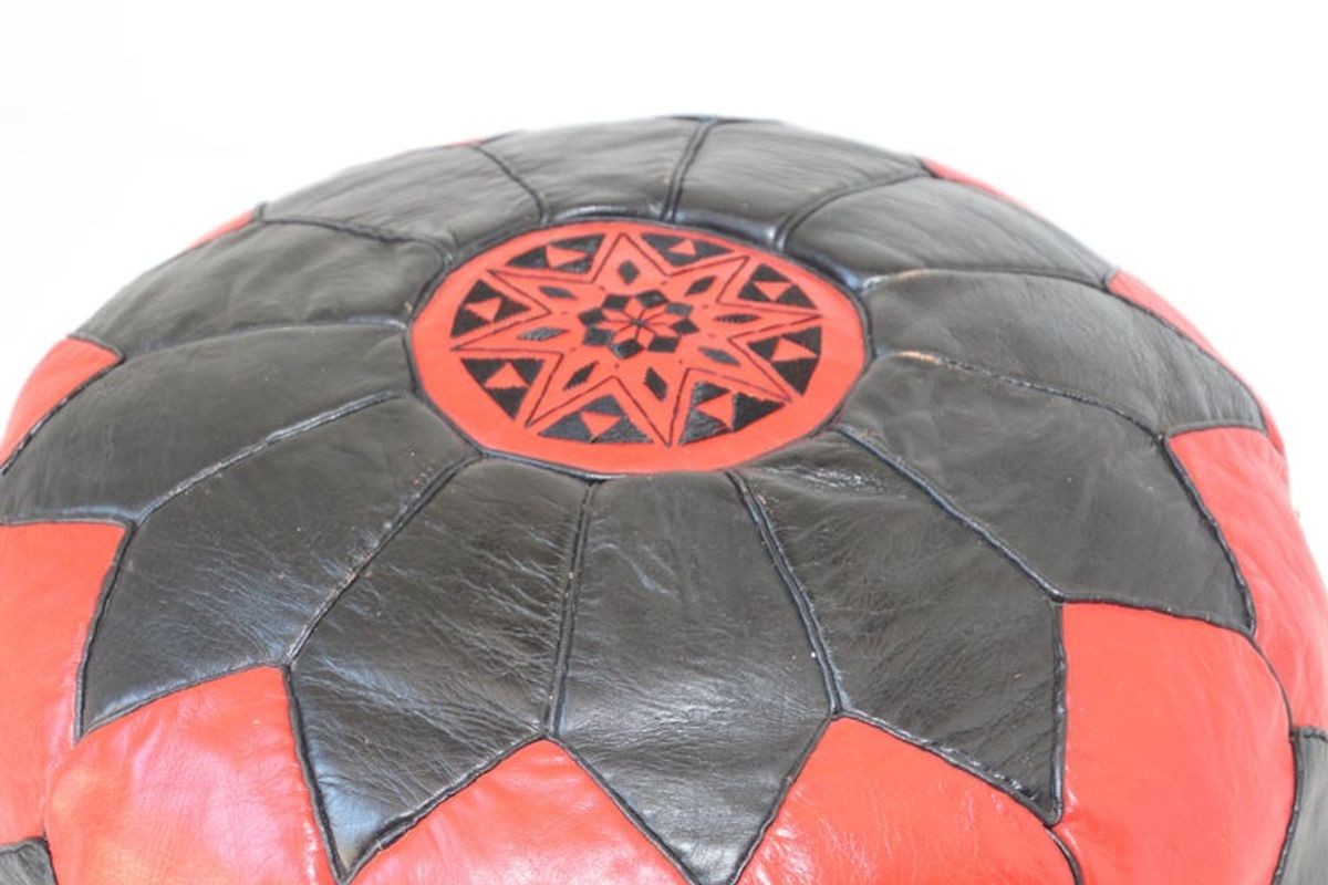 Vintage Moroccan Leather Pouf Hand-Tooled in Marrakesh Red and Black