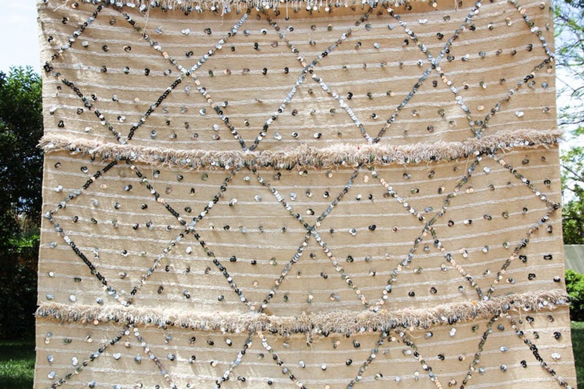 1960s Large Vintage Moroccan Wedding Berber Blanket Throw with Sequins
