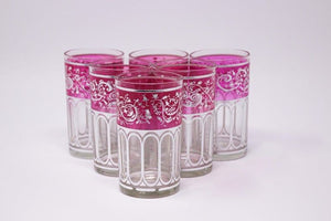 Set of Six Pink Glasses with Silver Raised Moorish Design