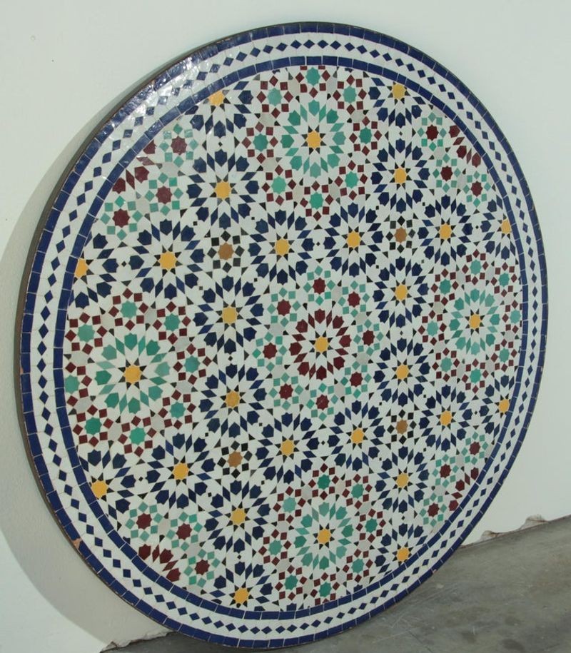 Moroccan Round Mosaic Outdoor Tile Table in Fez Moorish Design