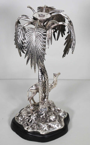 Orientalist Cast Silver Metal Camel Standing Under Palm Trees