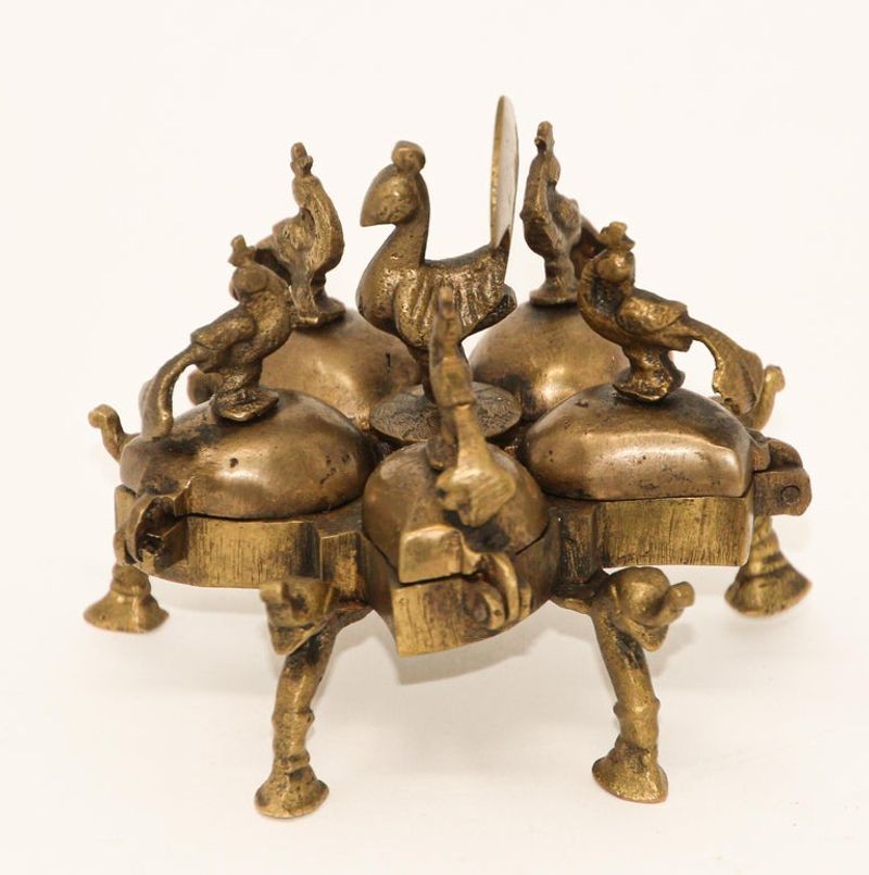 Antique Hindu Brass Box with Peacocks and Elephants