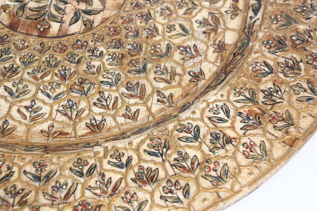 Indian Mughal style Overlaid and Hand Painted Metal Platter 1950