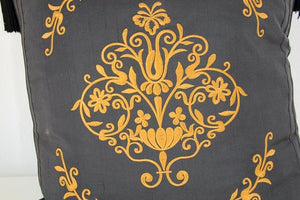 Embroidered Black Silk Decorative Throw Pillow with Tassels